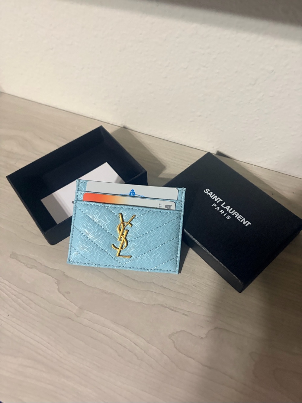 Saint Laurent Baby Blue Quilted Leather Card Holder with Gold YSL